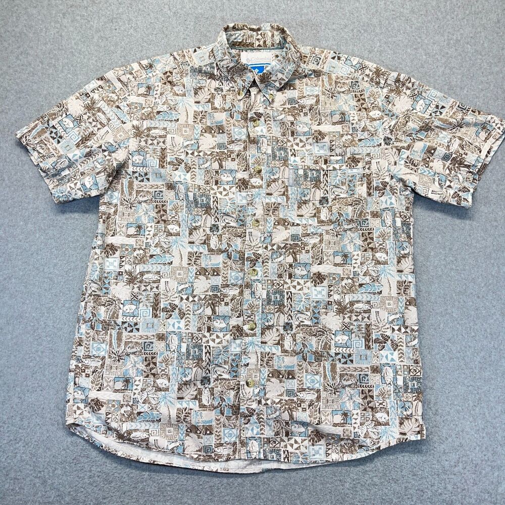 Columbia Button-Down Shirt Men’s Large Tropical Fish All-Over Print Short Sleeve